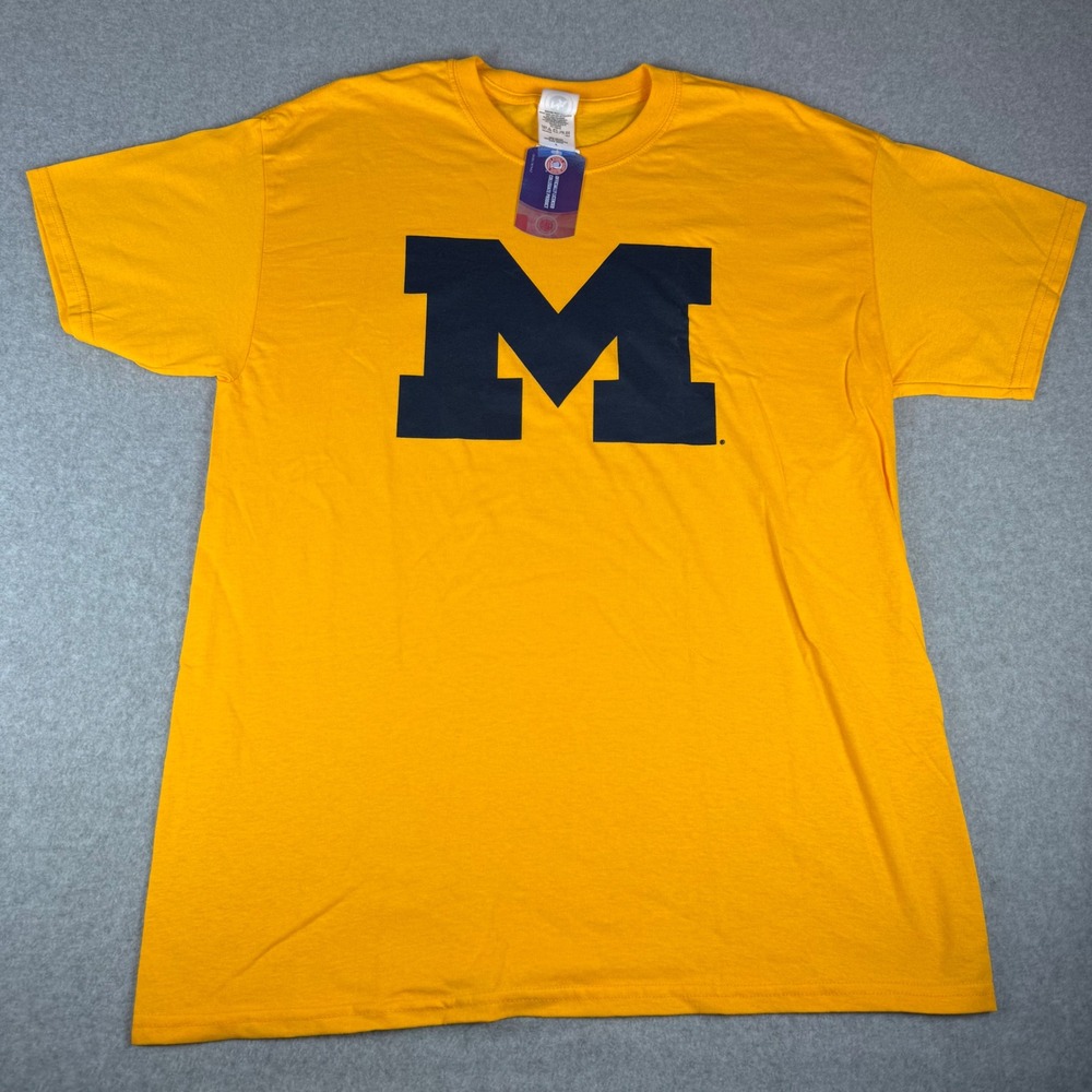 47 Brand Michigan Wolverines T-Shirt Mens Large Yellow Block M Logo Short Sleeve